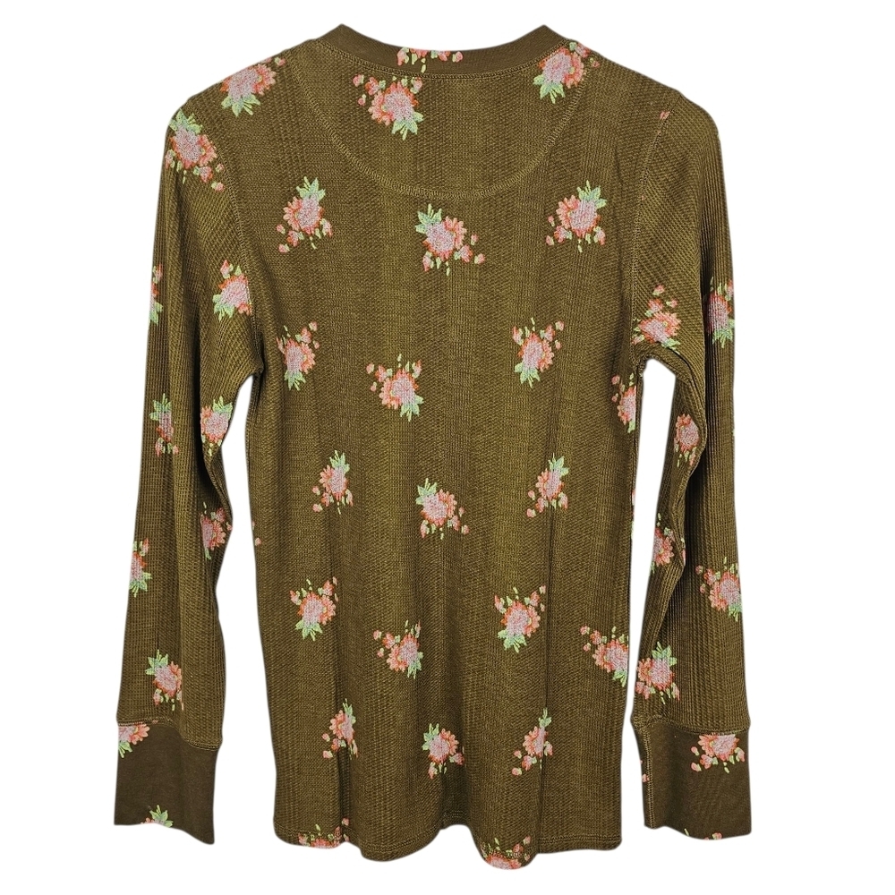 Aerie Olive Green Thermal Waffle Knit Fitted Floral Shirt - Picture 2 of 7